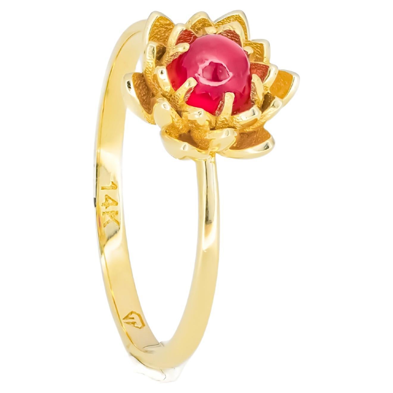 Ruby Gold Ring in 14k Gold, Lotus Flower Ring, Ruby Cabochon Ring