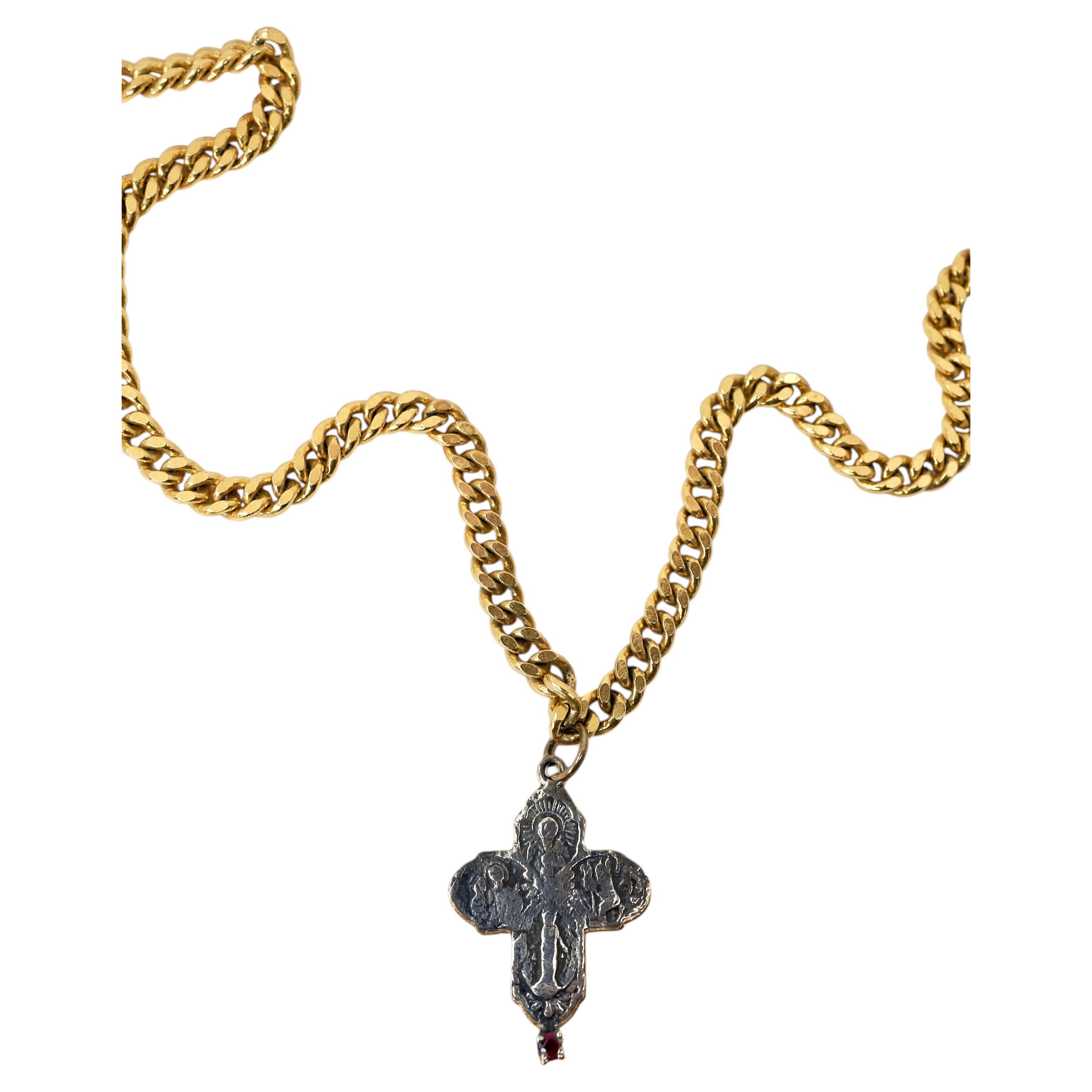 Silver Cross Pendant Necklace Ruby Gold Chain Devotional For Sale