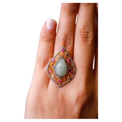 Ruby Green Quart Diamond Accent Cocktail Vintage-Style Ring 18 Karat Yellow Gold