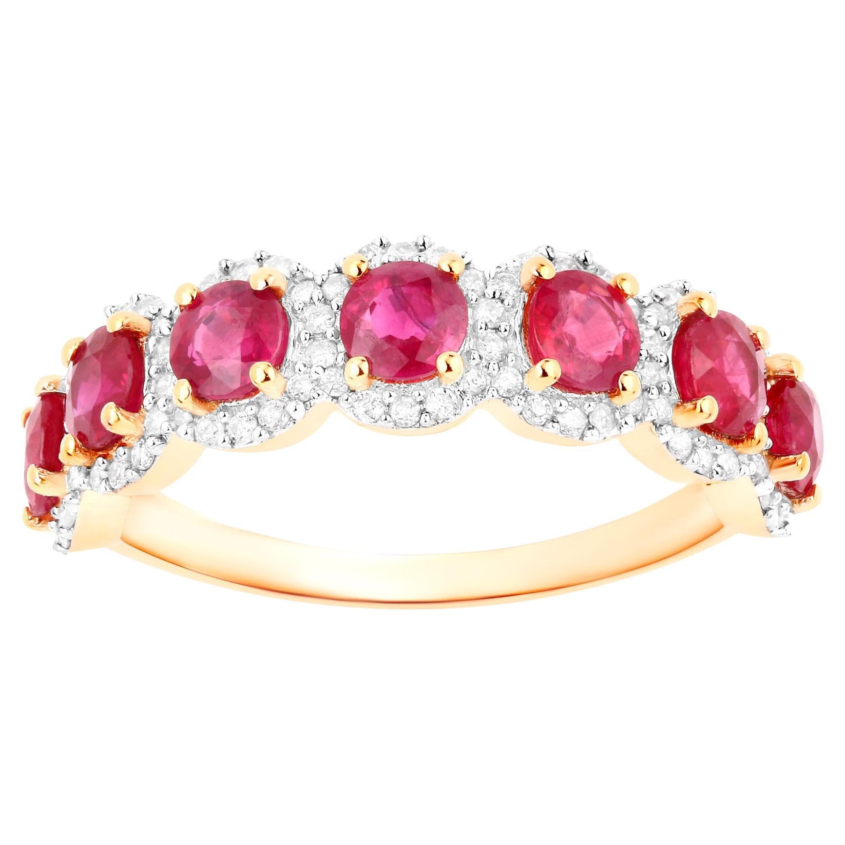 Ruby Half Eternity Band Ring With Diamonds 1.69 Carats 14K Yellow Gold For Sale