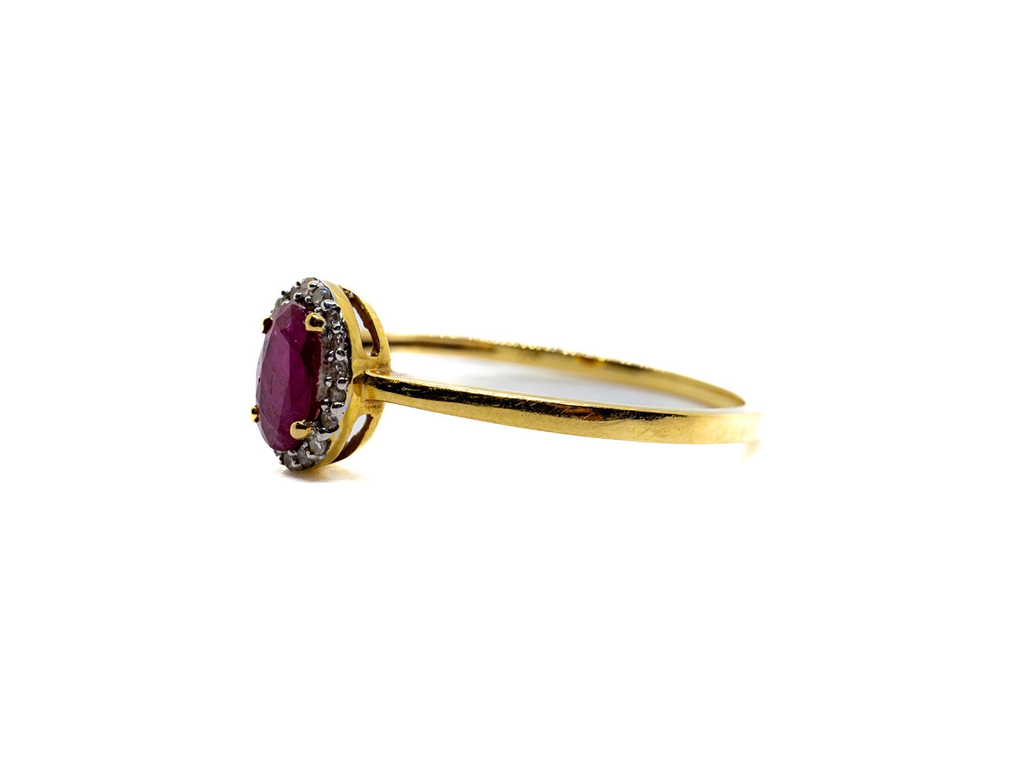 Oval Cut Ruby Halo Diamon 18 Karat Yellow Gold Ring For Sale
