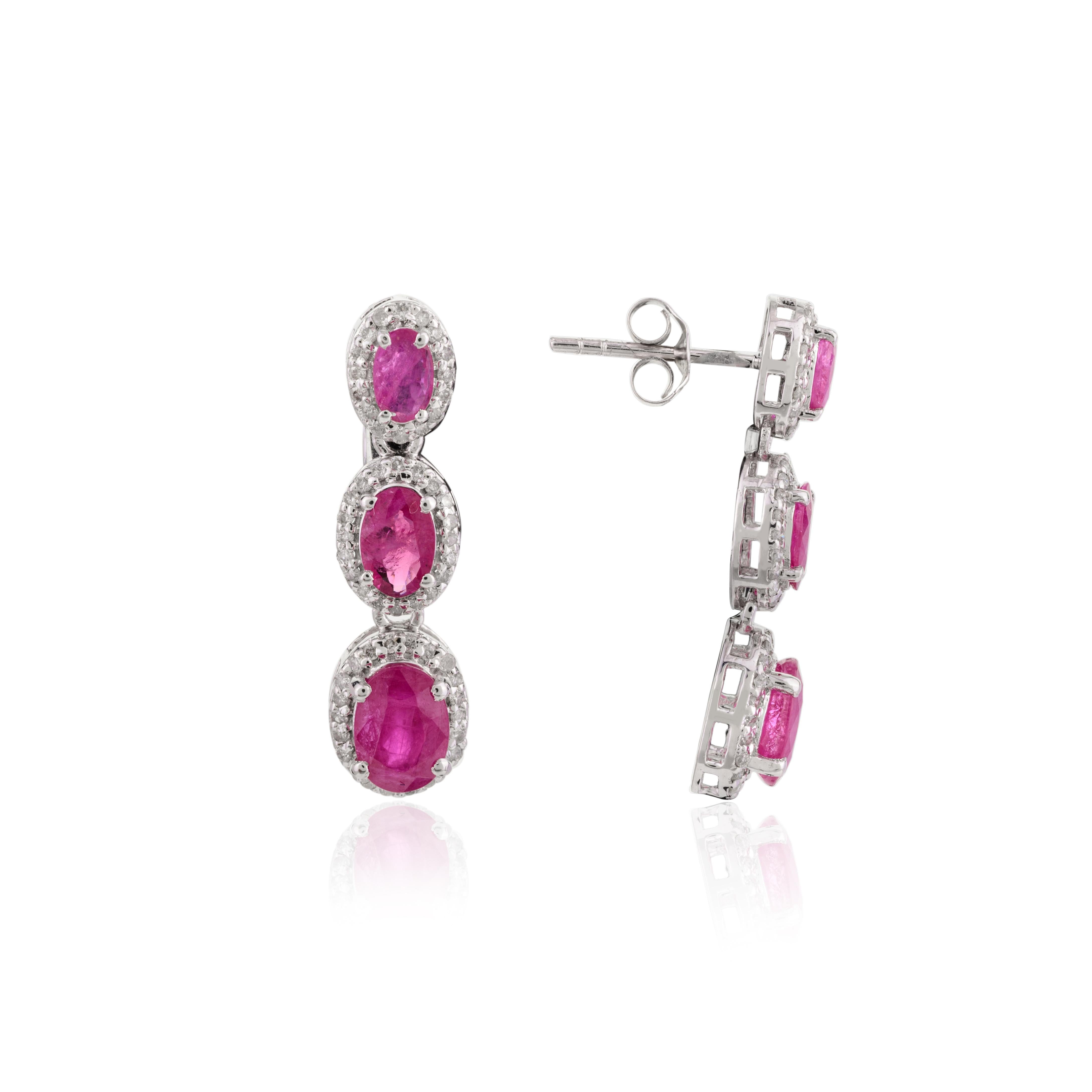 Art Deco Ruby Halo Diamond Dangle Earrings in 14k Solid White Gold Gift for Her For Sale