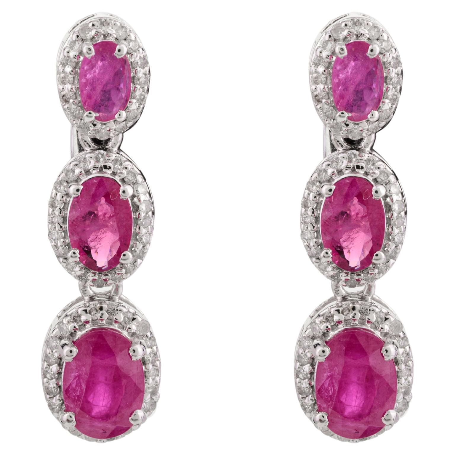 Ruby Halo Diamond Dangle Earrings in 14k Solid White Gold Gift for Her For Sale