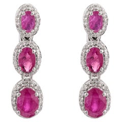 Fine Ruby Halo Diamond Dangle Earrings in 14k Solid White Gold Gift for Her