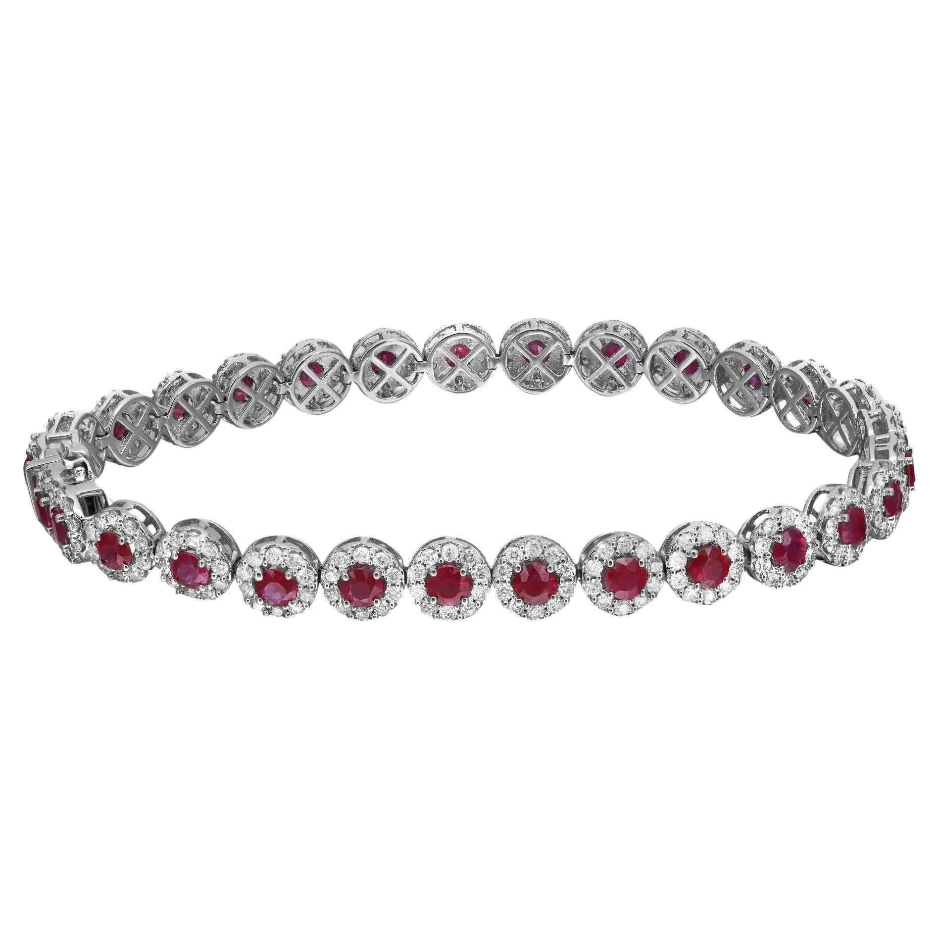 Add a colorful touch of sparkle to your wrist with this gorgeous tennis bracelet from the Rachel Koen collection. Crafted in lustrous 14K white gold. It features 29 prong set round cut rubies highlighted with round brilliant cut diamond halo. Total
