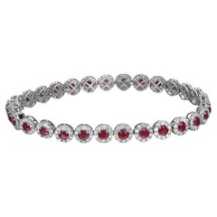 Ruby & Halo Diamond Tennis Bracelet Round Cut 14K White Gold