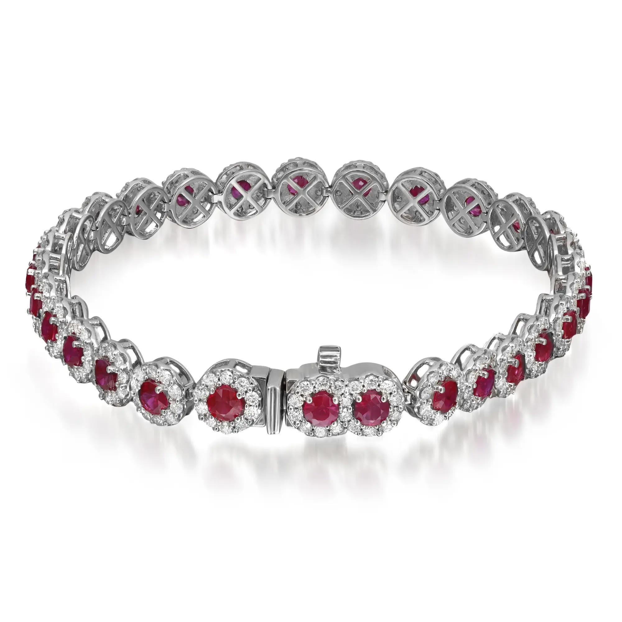 Modern Ruby & Halo Diamond Tennis Bracelet Round Cut 14K White Gold For Sale