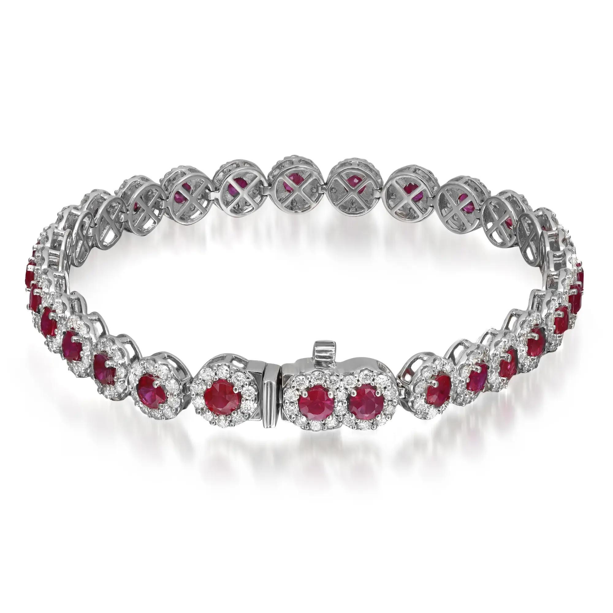 Rubin- und Halo-Diamant-Tennisarmband im Rundschliff 14K Weißgold (Moderne) im Angebot