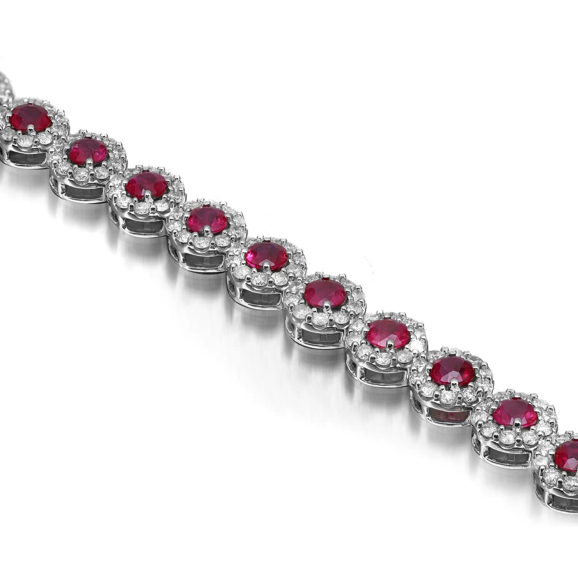 Ruby & Halo Diamond Tennis Bracelet Round Cut 14K White Gold In New Condition For Sale In New York, NY