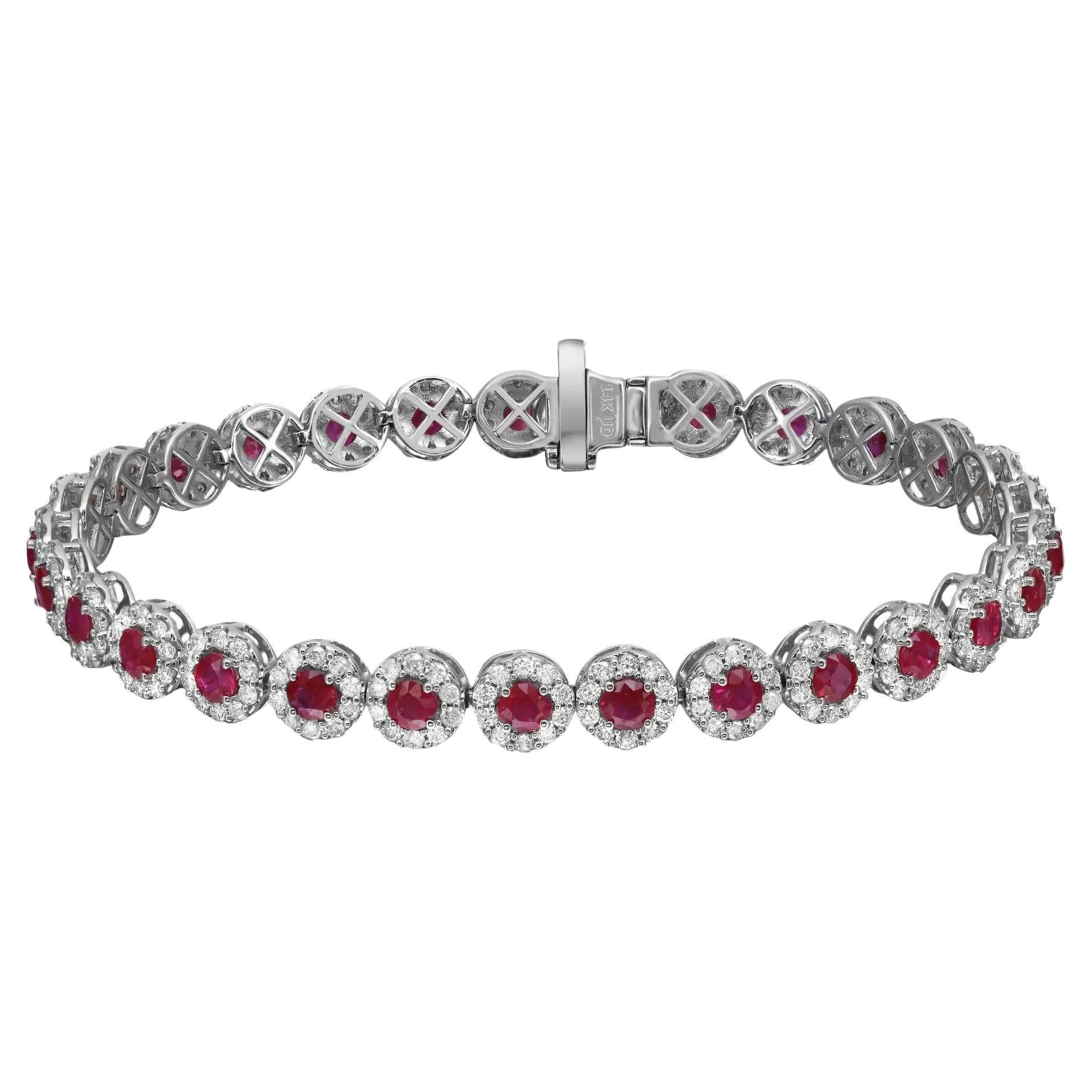 Bracelet tennis en or blanc 14 carats avec rubis et halo de diamants taille ronde