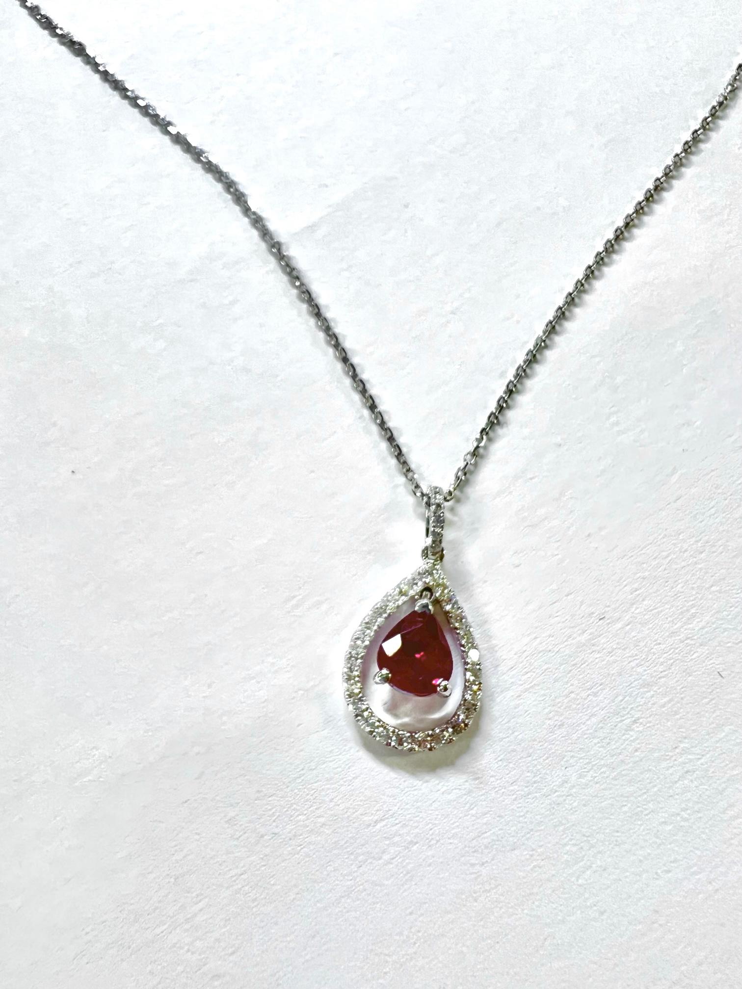 Pear Cut Ruby Halo Pear Diamond Necklace For Sale