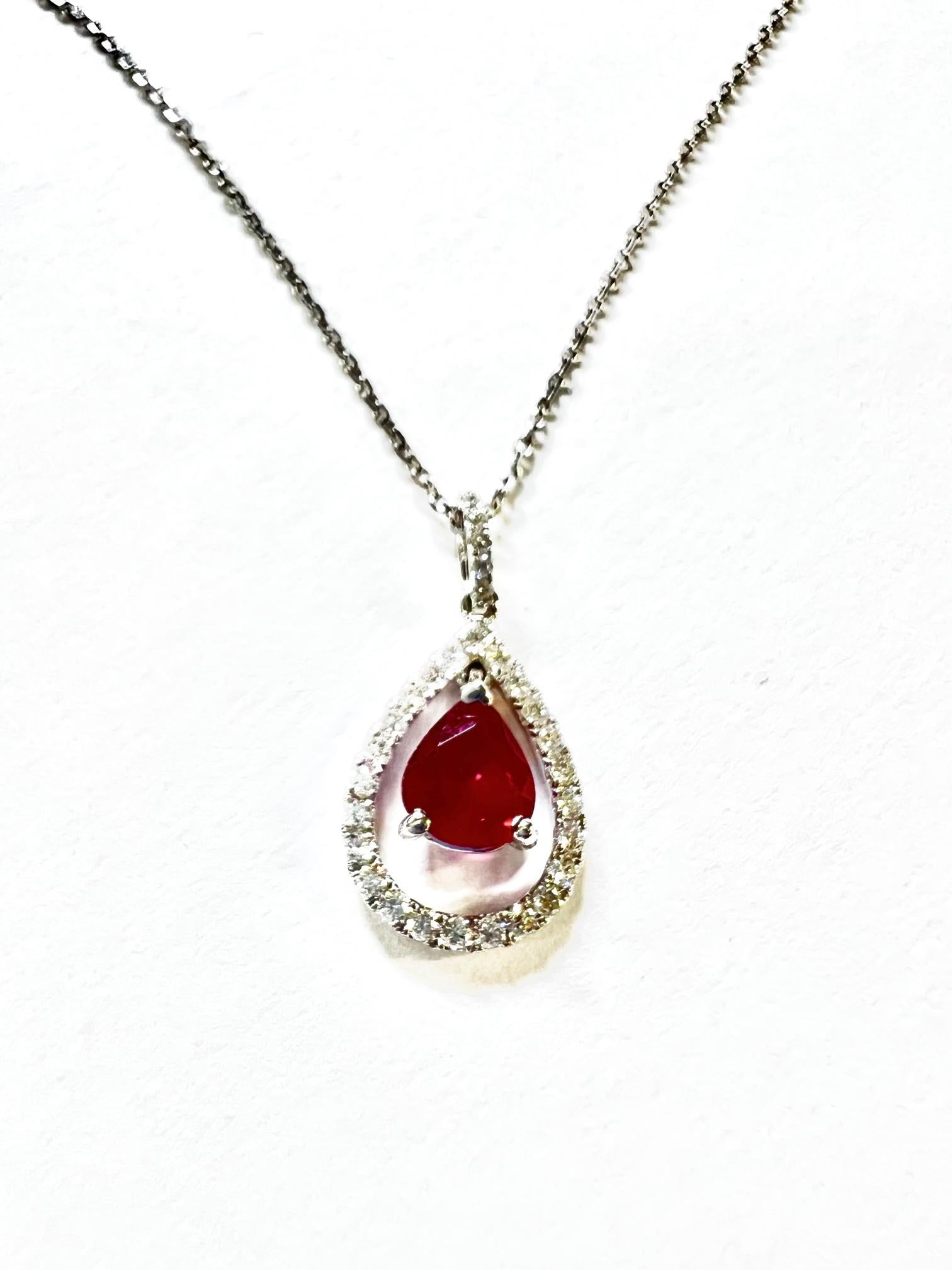 Ruby Halo Pear Diamond Necklace In New Condition For Sale In New York, NY