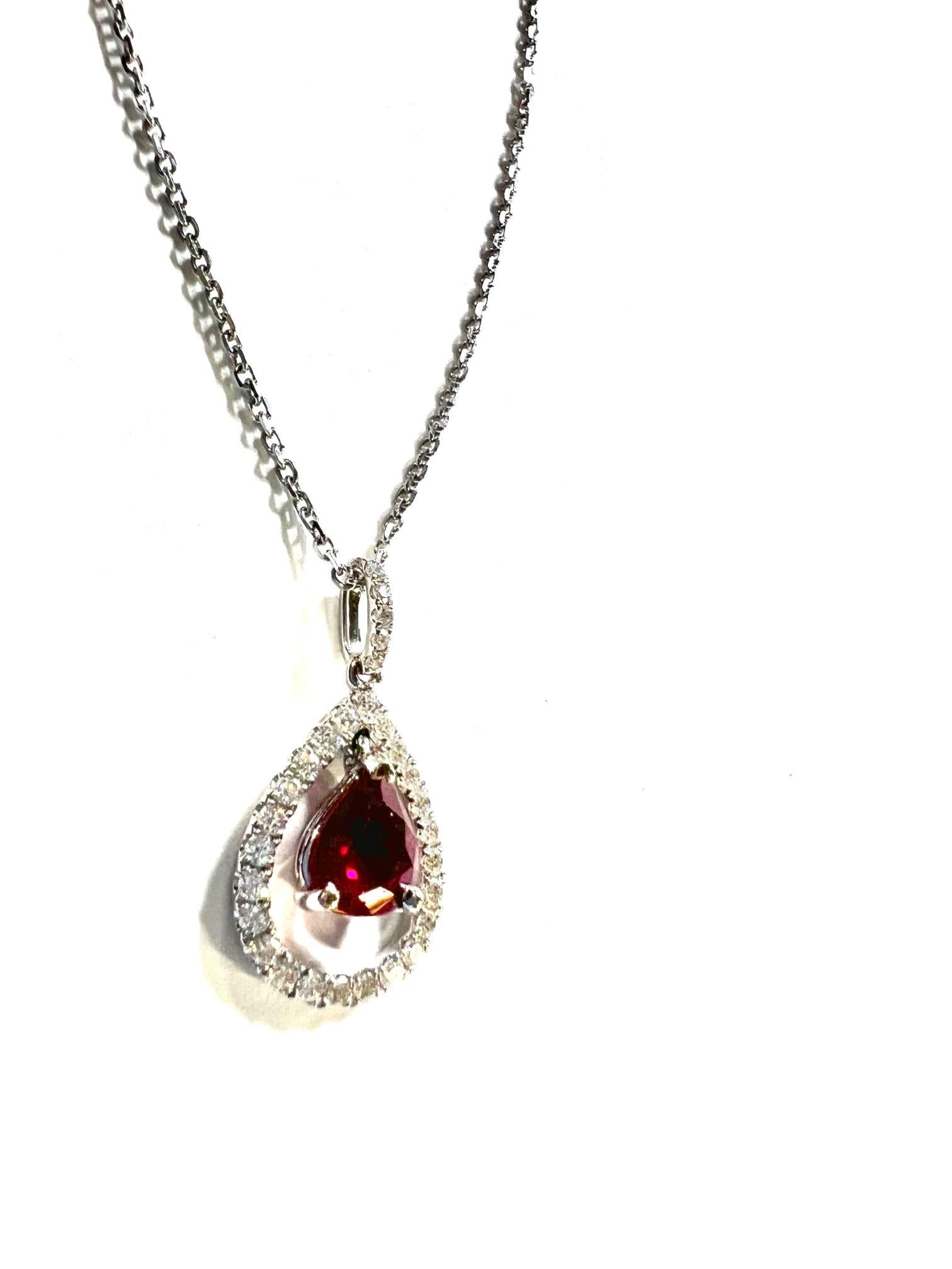 Women's or Men's Ruby Halo Pear Diamond Necklace For Sale