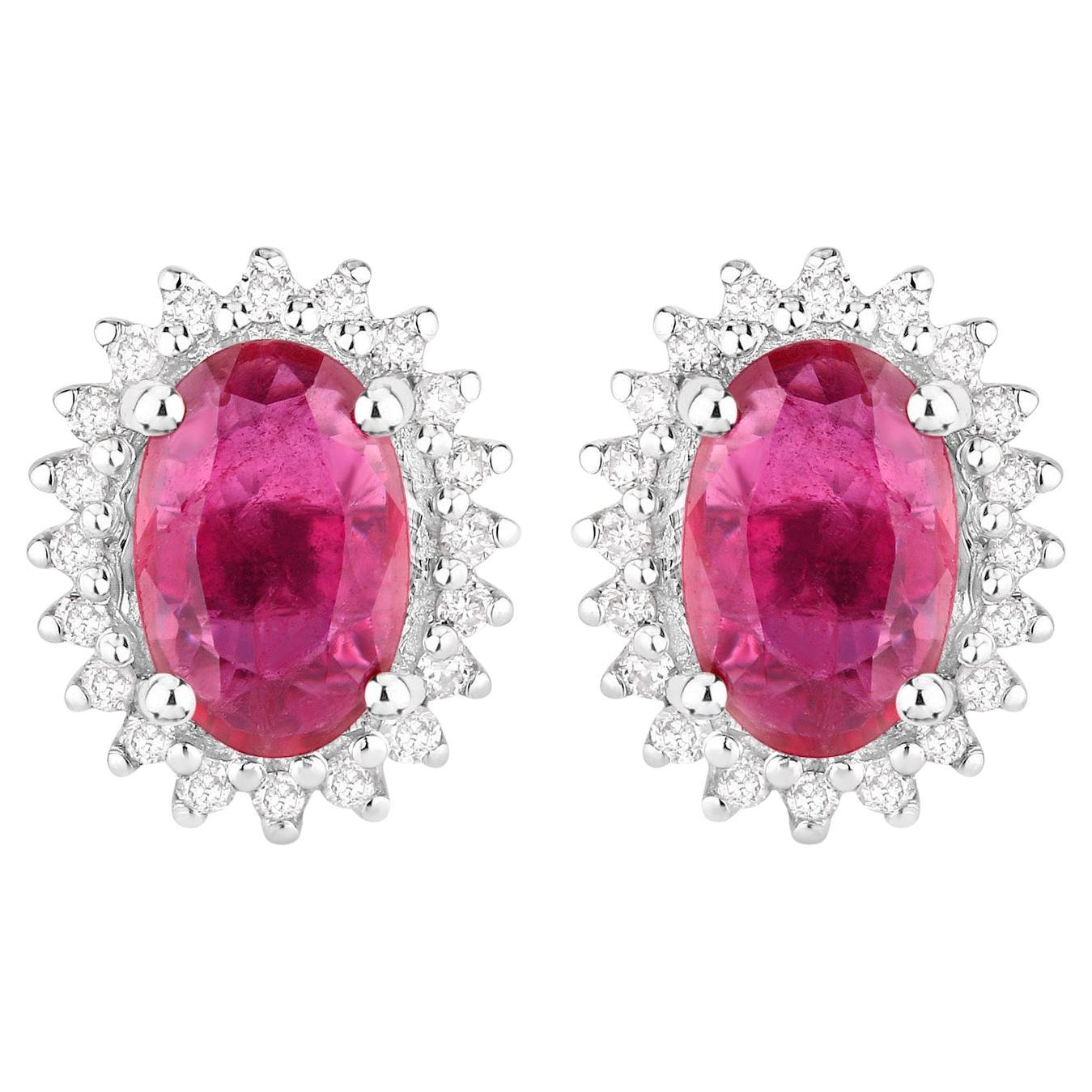 Ruby Halo Stud Earrings Diamonds 1.1 Carats 14K White Gold in vendita