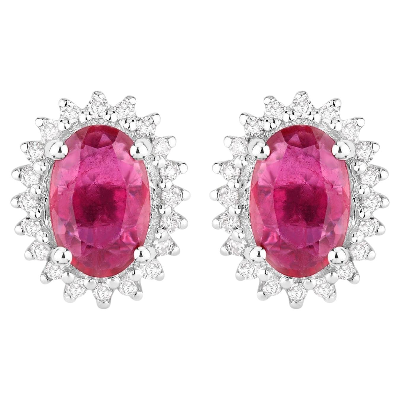 Ruby Halo Stud Earrings Diamonds 1.1 Carats 14K White Gold
