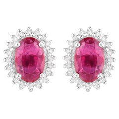 Boucles d'oreilles Halo Rubis Diamants 1.1 Carats Or blanc 14K