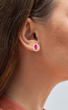 Ruby Halo Stud Earrings Diamonds 1.1 Carats 14K Yellow Gold