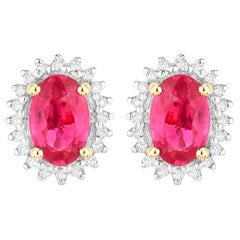 Ruby Halo Stud Earrings Diamonds 1.1 Carats 14K Yellow Gold