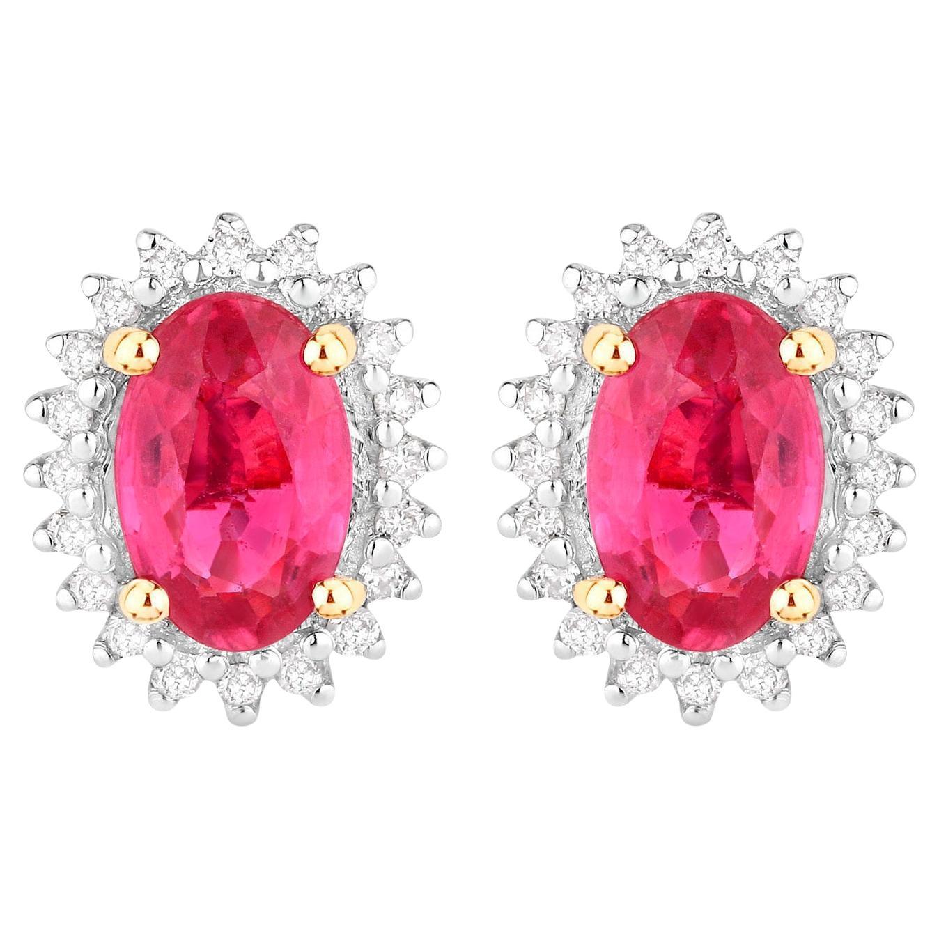 Ruby Halo Stud Earrings Diamonds 1.1 Carats 14K Yellow Gold