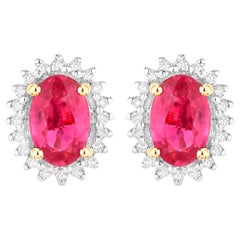 Boucles d'oreilles Halo Rubis Diamants 1.1 Carats Or jaune 14K