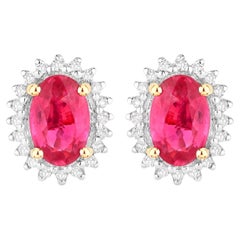 Ruby Halo Stud Earrings Diamonds 1.1 Carats 14K Yellow Gold