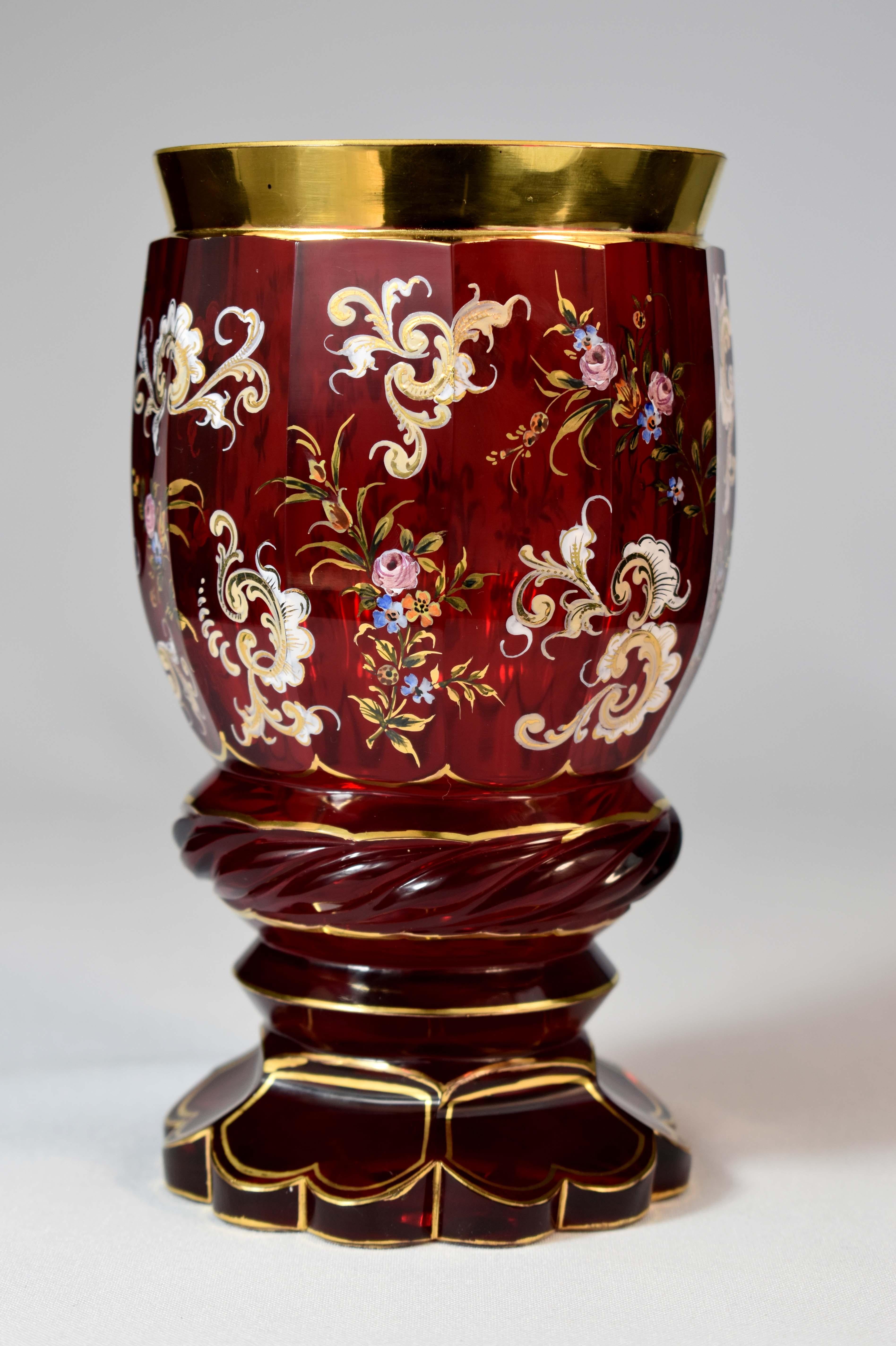 Ruby hand blown goblet in the style of the 19th century, is made in the glass studio Šuda in northern Bohemia, where the restoration of historic glass is also carried out. Northern Bohemia is historically one of the most important areas of old glass