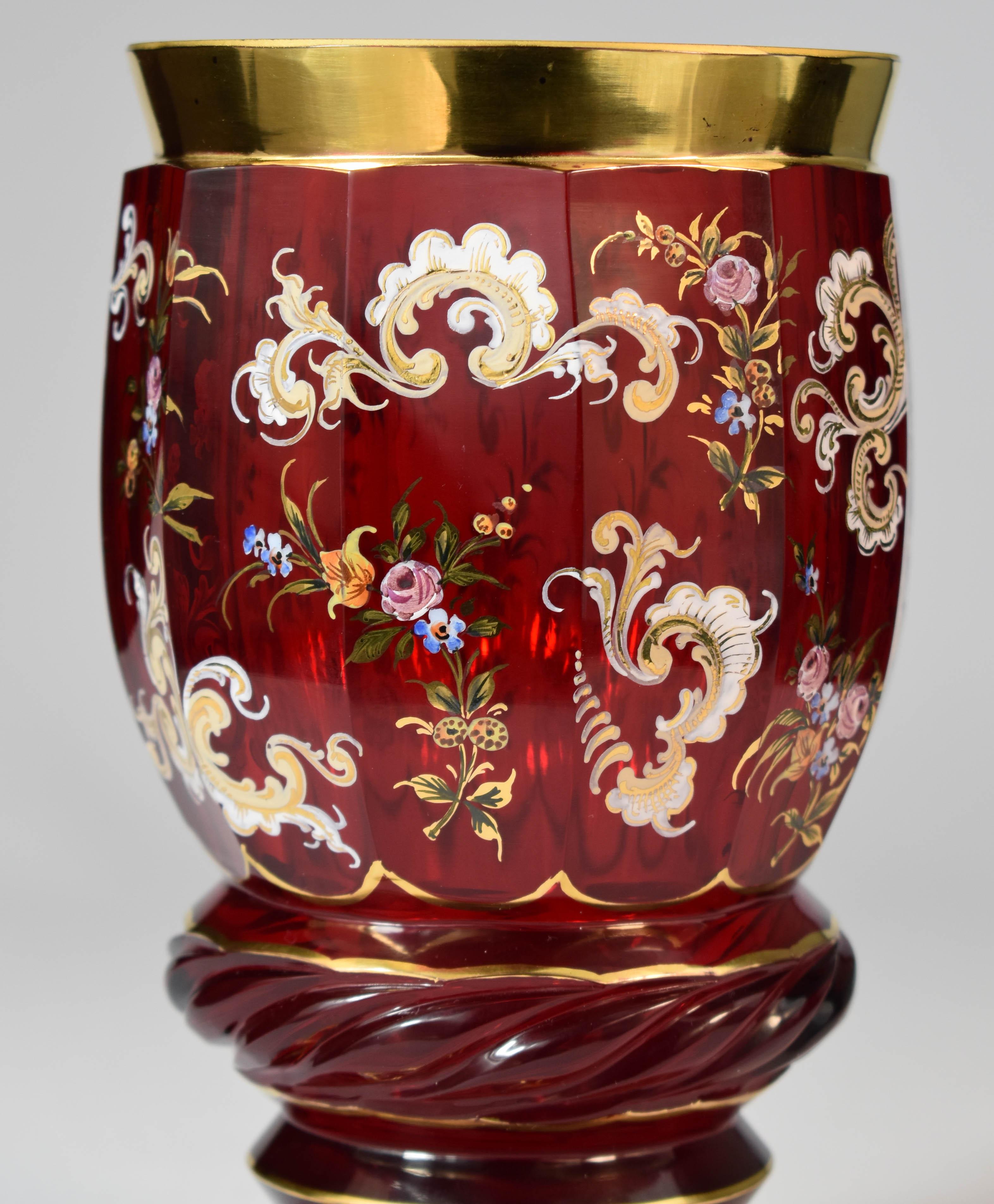 Bohemian Ruby Hand Blown Goblet Gold Plated Flowers Motive