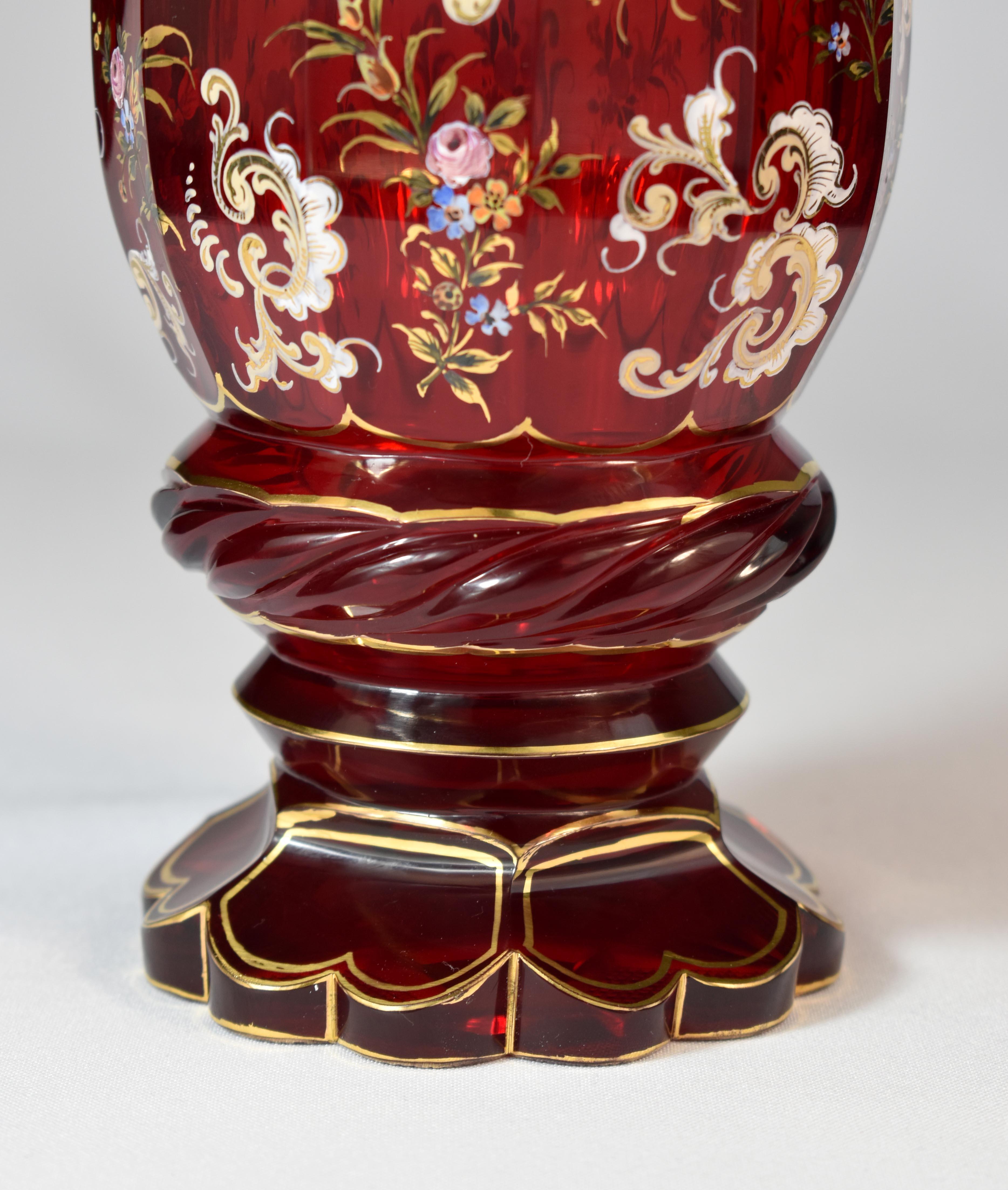Hand-Painted Floral Motif With Gold Leaf and Swirl Pedestal Vintage Bohemian/Czech Type Hand-Blown Art Glass Vase Made In Japan
