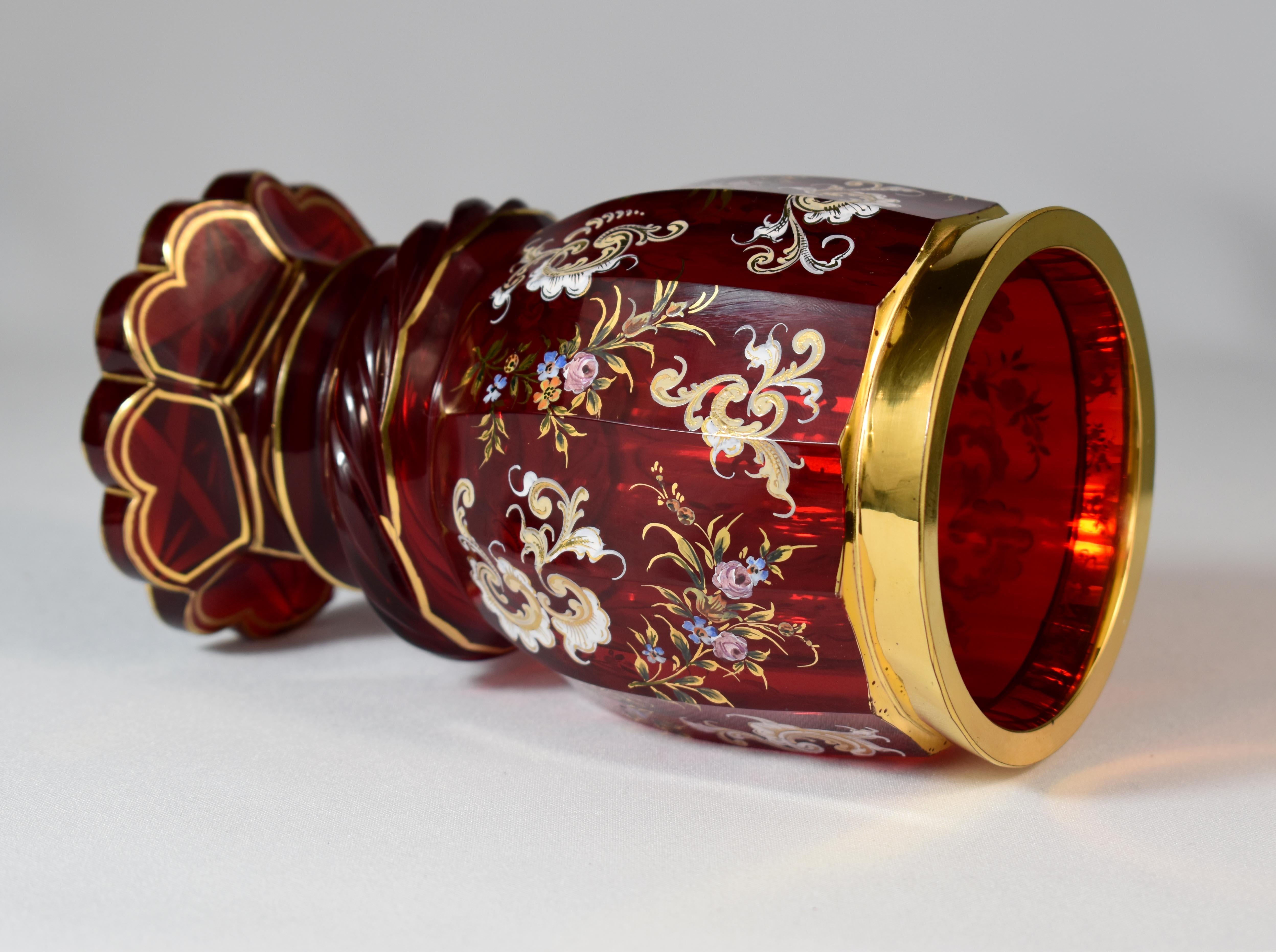 Ruby Hand Blown Goblet Gold Plated Flowers Motive In Good Condition In Nový Bor, CZ