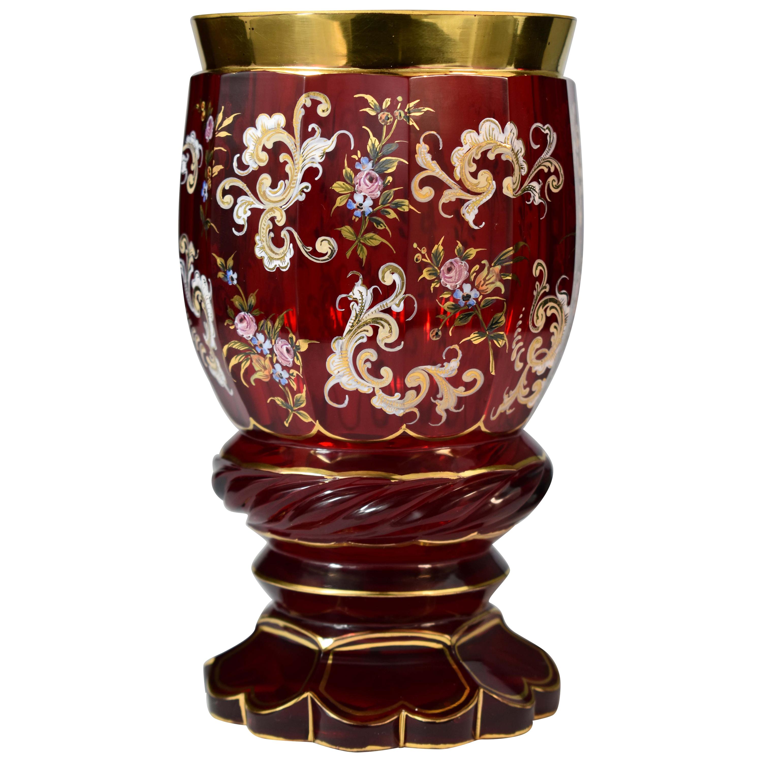 Vintage Bohemian/Czech Type Hand-Blown Art Glass Vase Made In Japan Hand-Painted Floral Motif With Gold Leaf and Swirl Pedestal