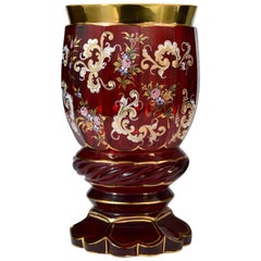 Ruby Hand Blown Goblet Gold Plated Flowers Motive