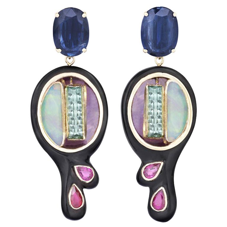 MAIKO NAGAYAMA Ruby Jet and Other Multi-Color Gemstone Contemporary Earrings For Sale