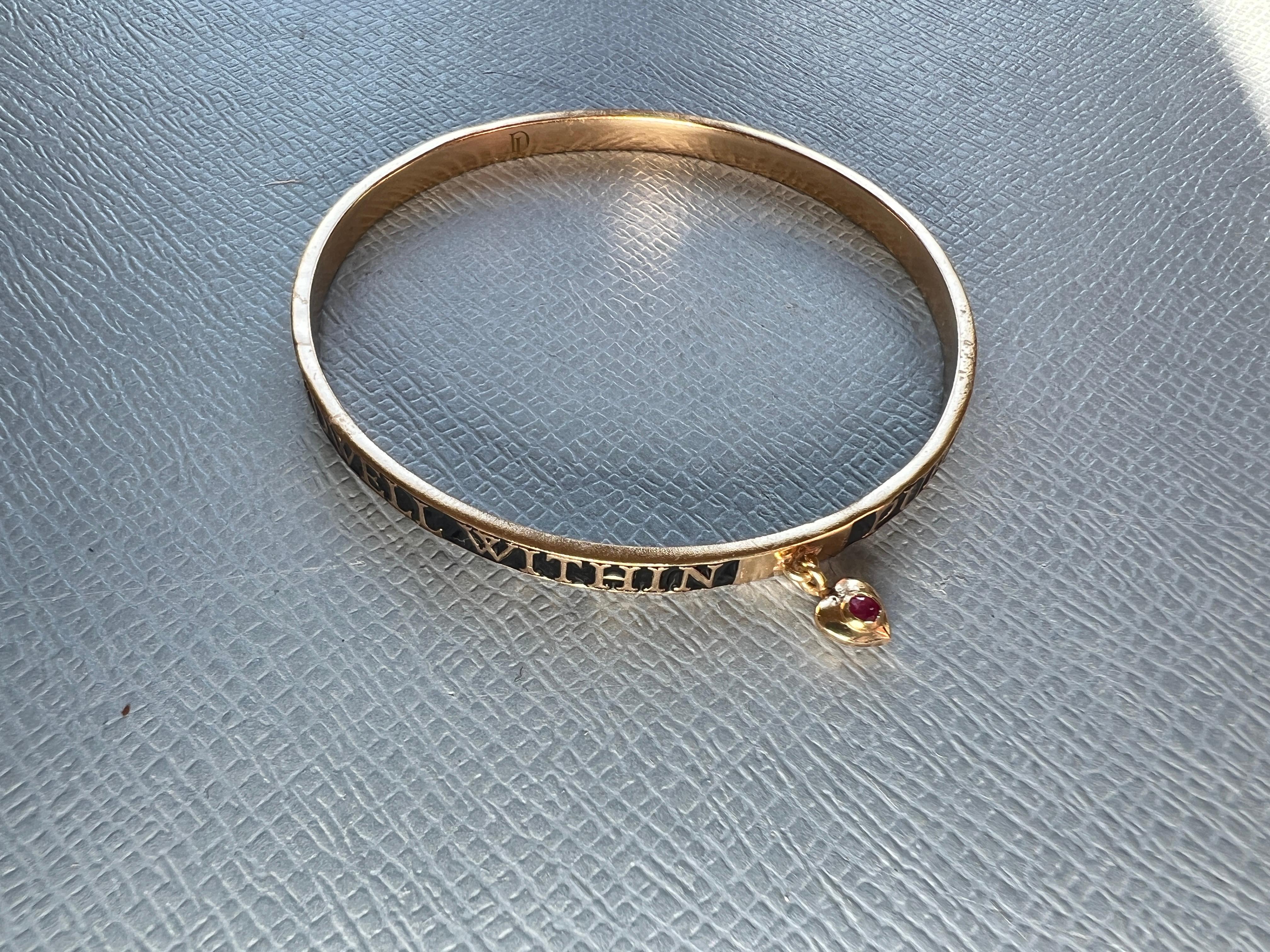 Ruby Heart Bangle Bracelet Spiritual Black Enamel In New Condition For Sale In Los Angeles, CA