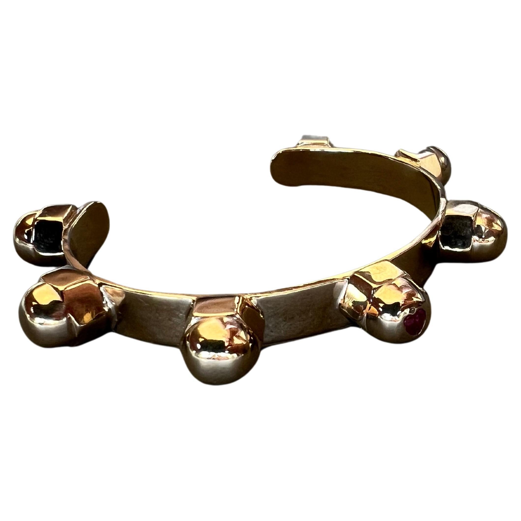Victorian Ruby Heart Cuff Bangle Bracelet Bronze Studs Statement Piece J Dauphin For Sale