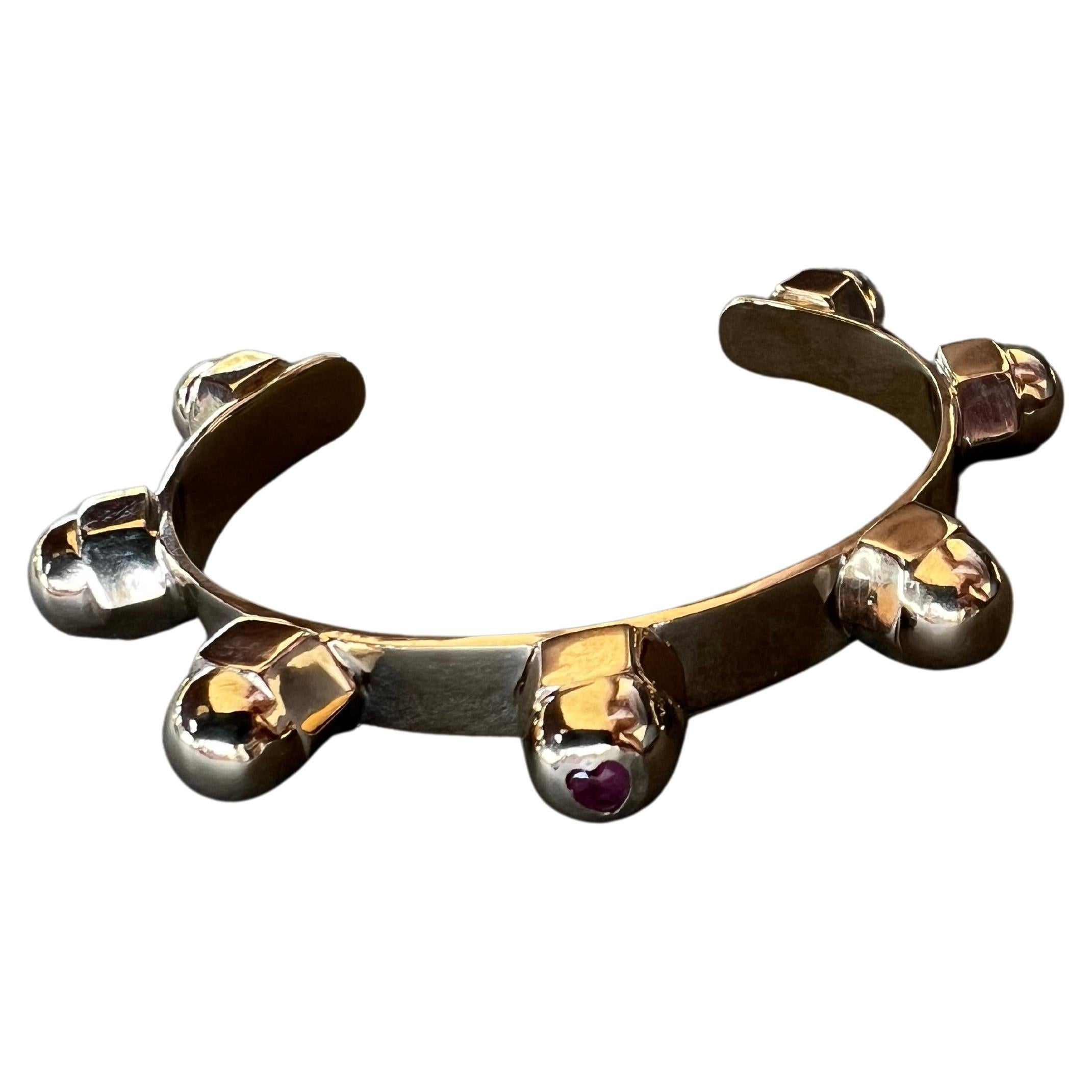 Ruby Heart Cuff Bangle Bracelet Bronze Studs Statement Piece J Dauphin In New Condition For Sale In Los Angeles, CA