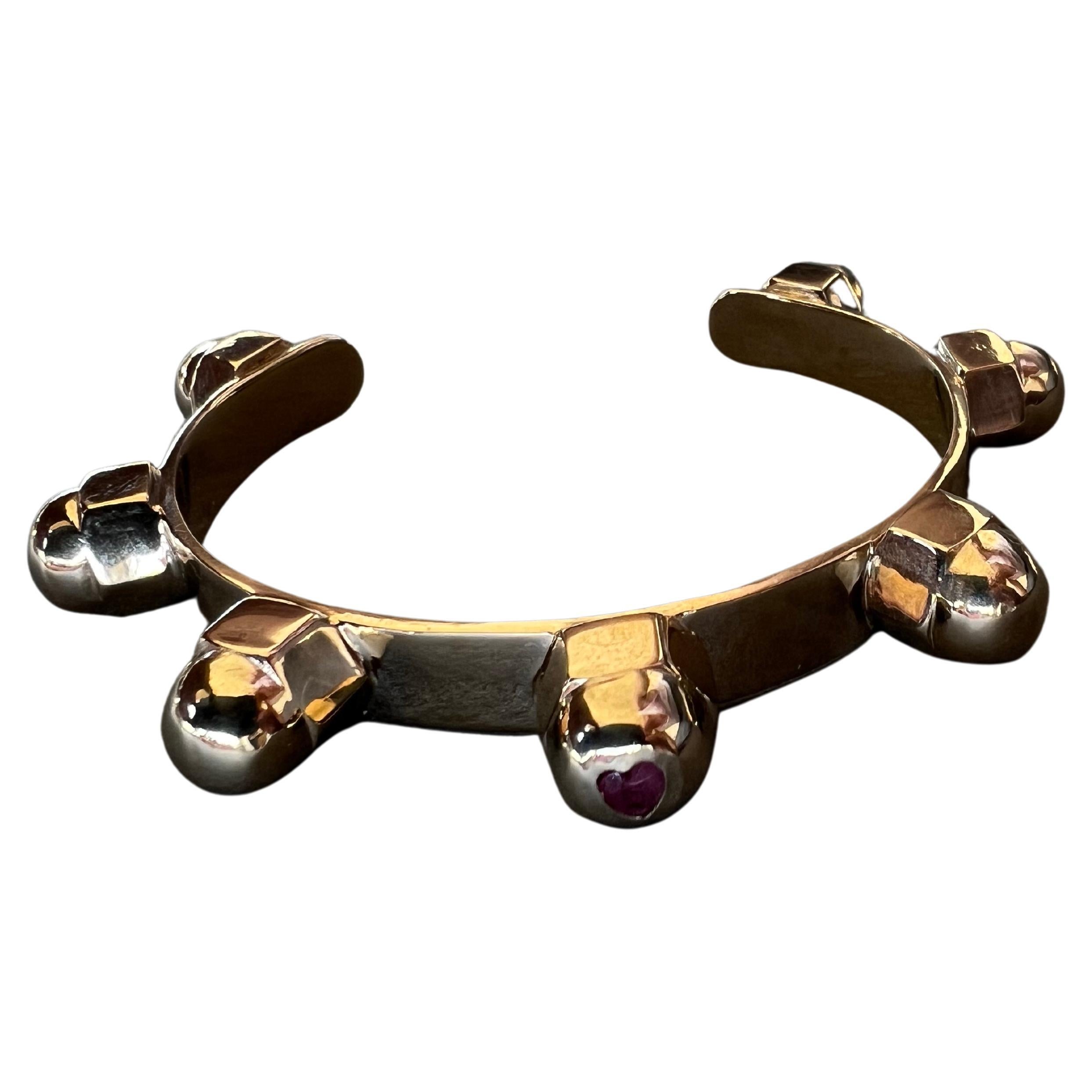 Ruby Heart Cuff Bangle Bracelet Bronze Studs Statement Piece J Dauphin For Sale 2