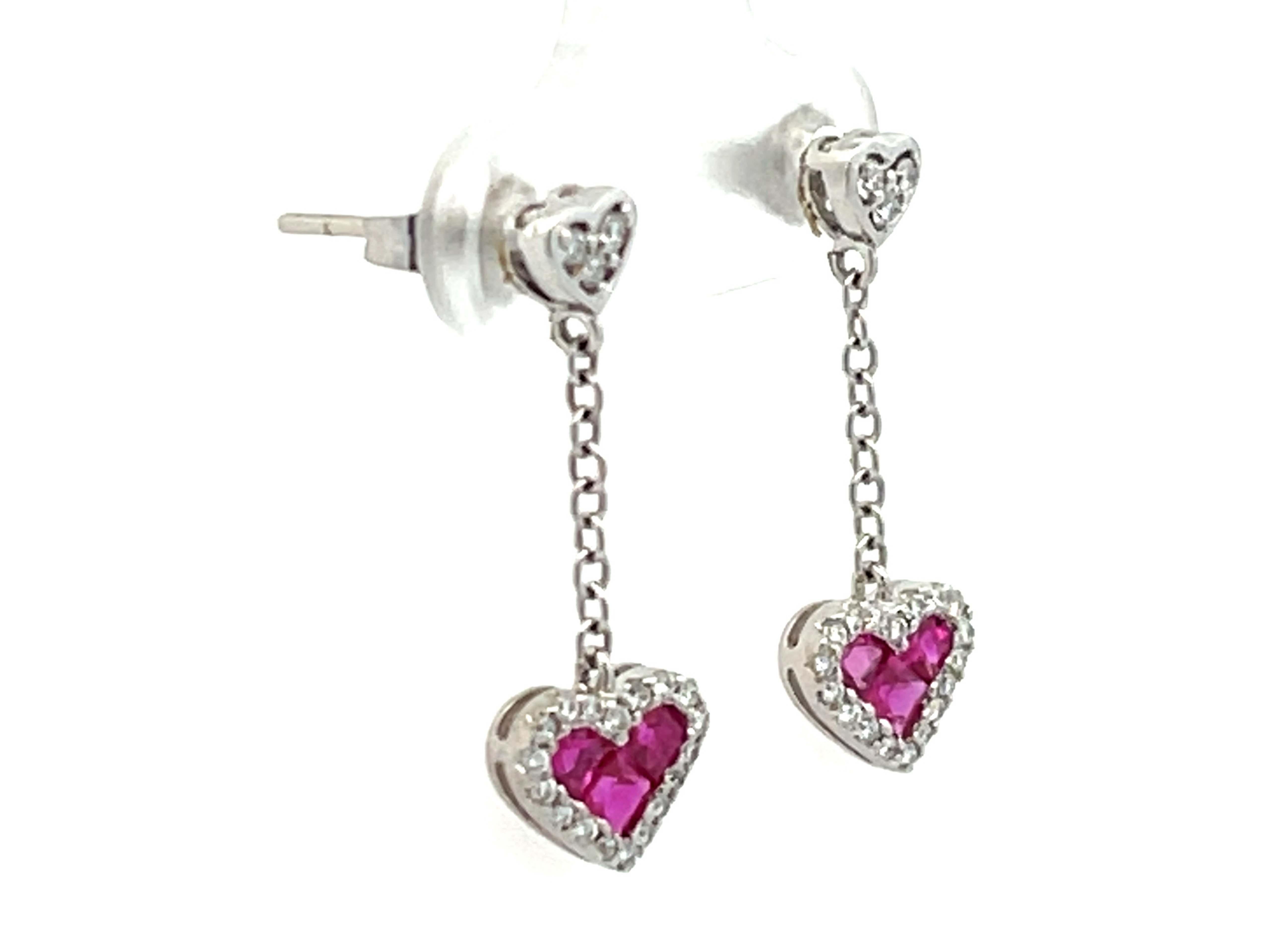 Modern Ruby Heart Diamond Dangling Earrings in 14k White Gold For Sale