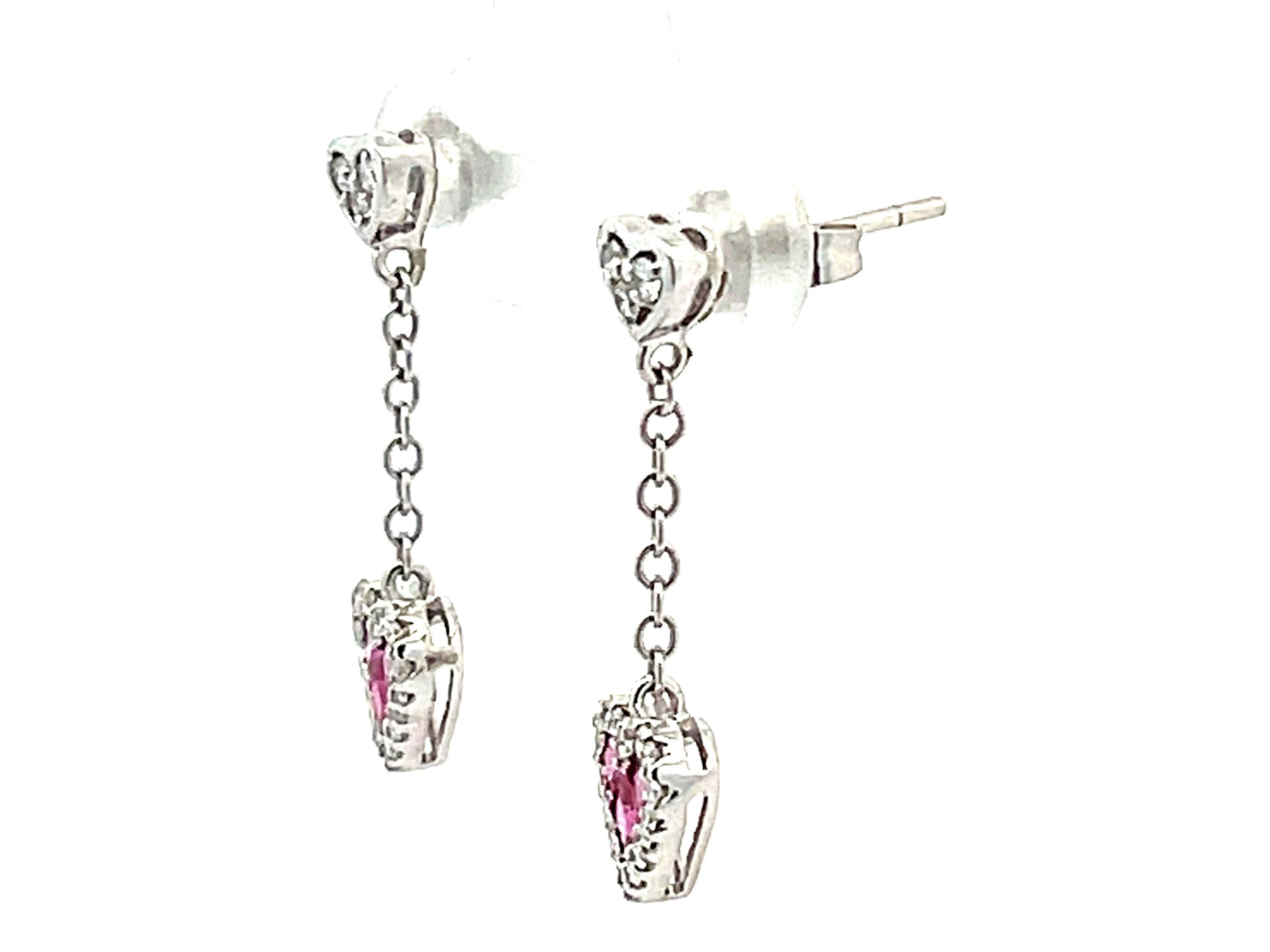 Brilliant Cut Ruby Heart Diamond Dangling Earrings in 14k White Gold For Sale