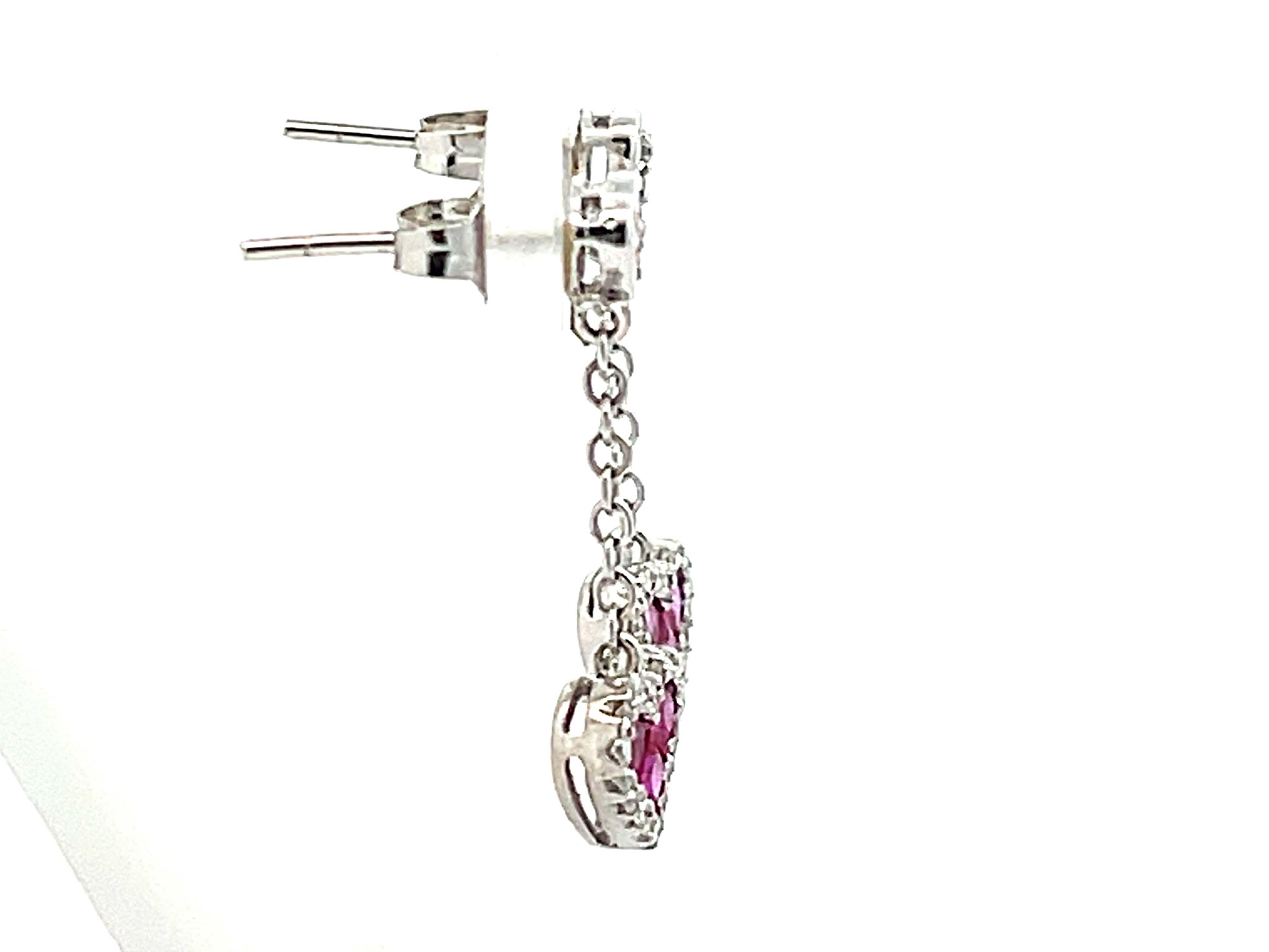 Ruby Heart Diamond Dangling Earrings in 14k White Gold In Excellent Condition For Sale In Honolulu, HI