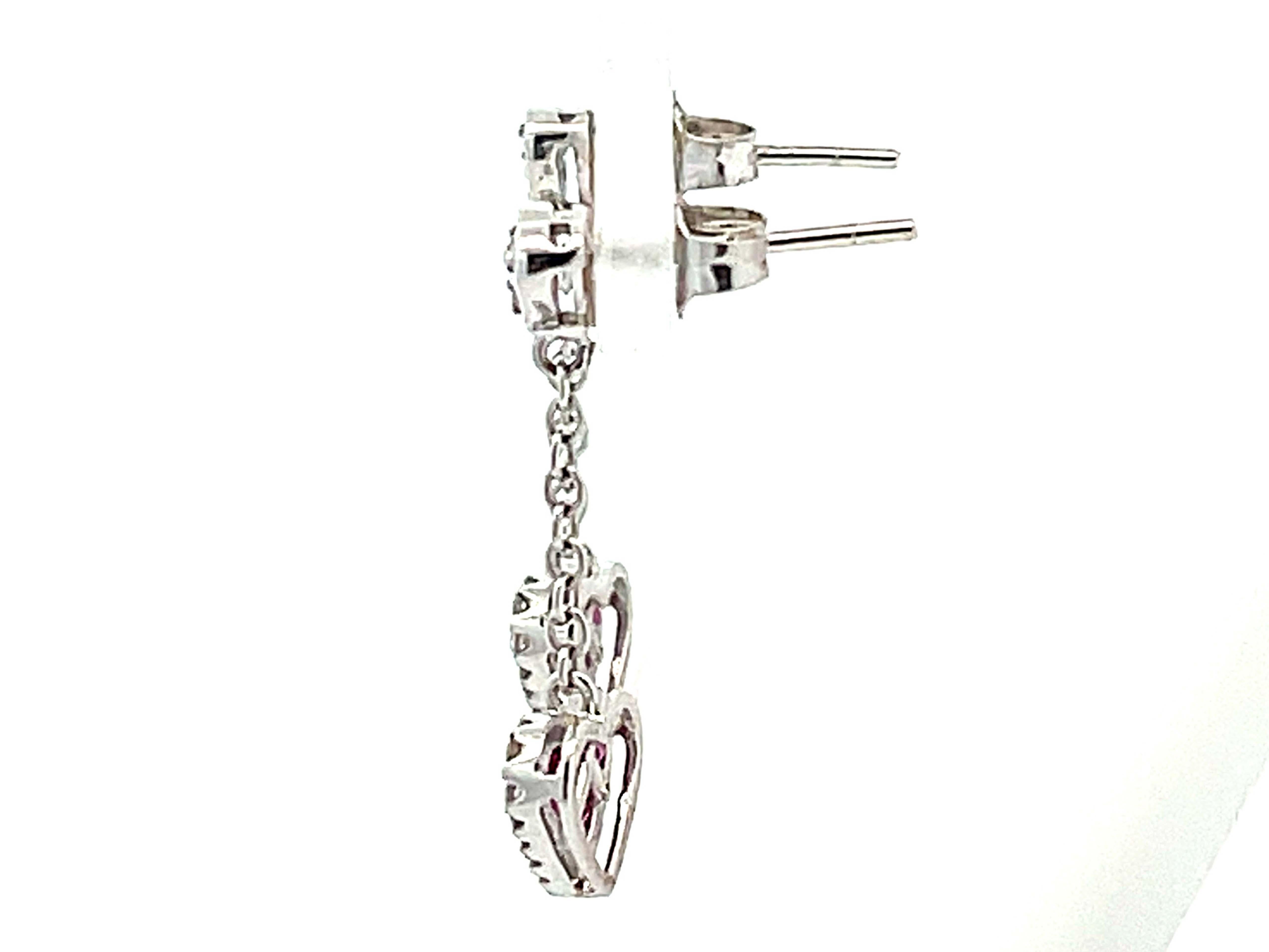 Women's Ruby Heart Diamond Dangling Earrings in 14k White Gold For Sale