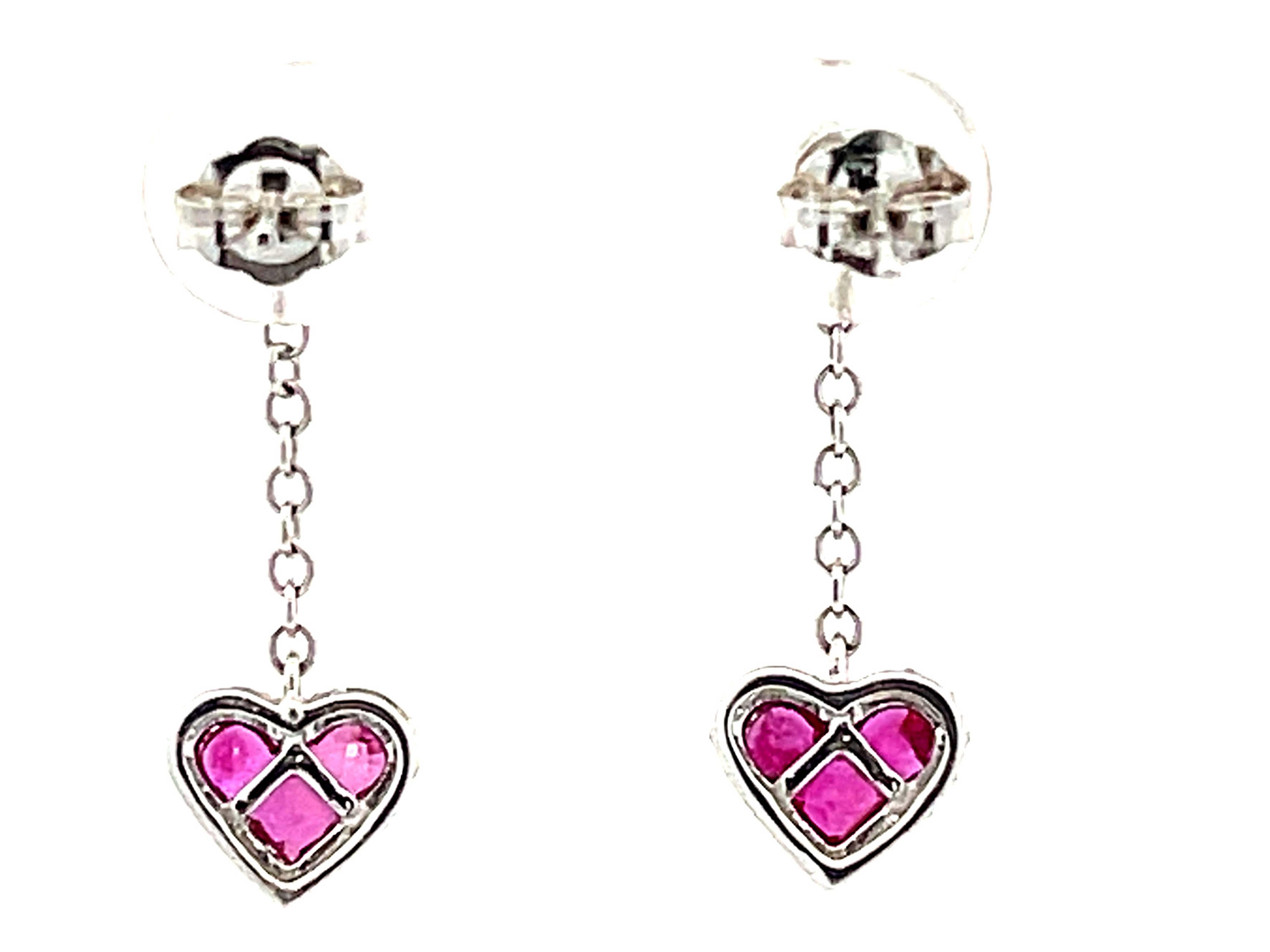 Ruby Heart Diamond Dangling Earrings in 14k White Gold For Sale 1