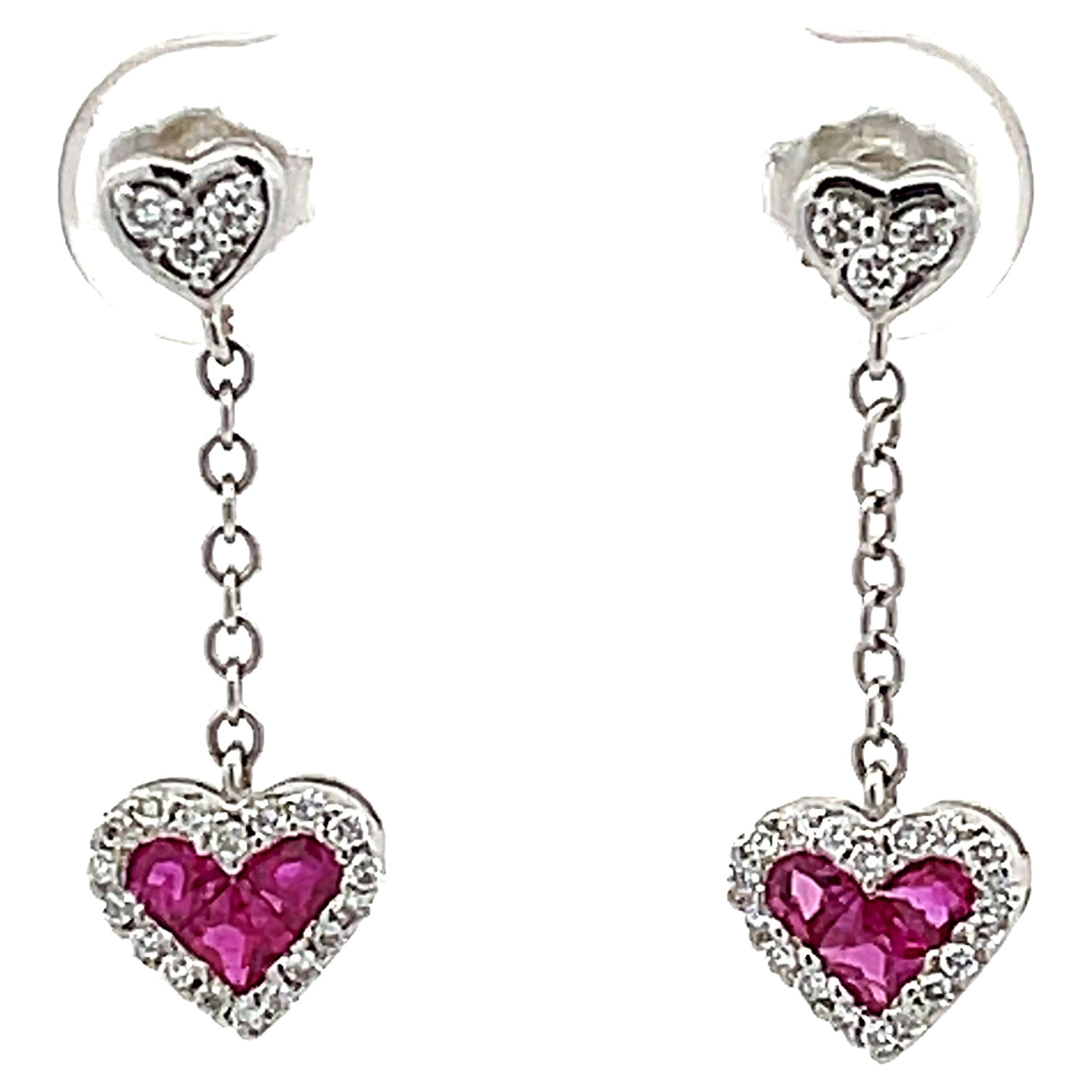 Ruby Heart Diamond Dangling Earrings in 14k White Gold For Sale