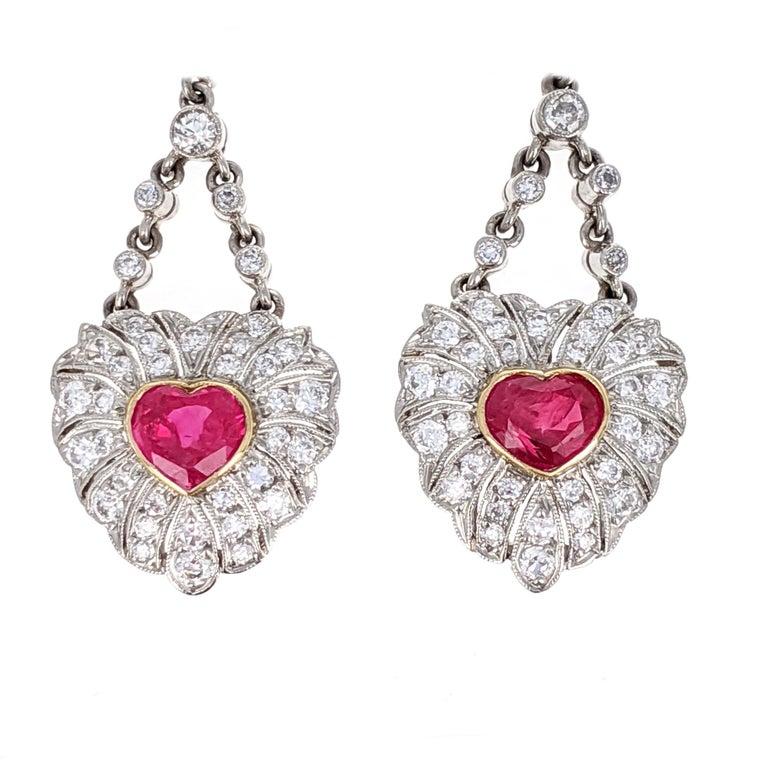 Ruby Heart Diamond Platinum Dangle Drop Earrings For Sale at 1stDibs