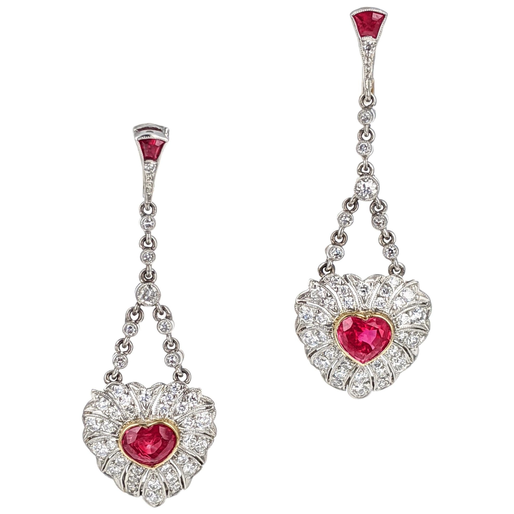 Ruby Heart Diamond Platinum Dangle Drop Earrings For Sale