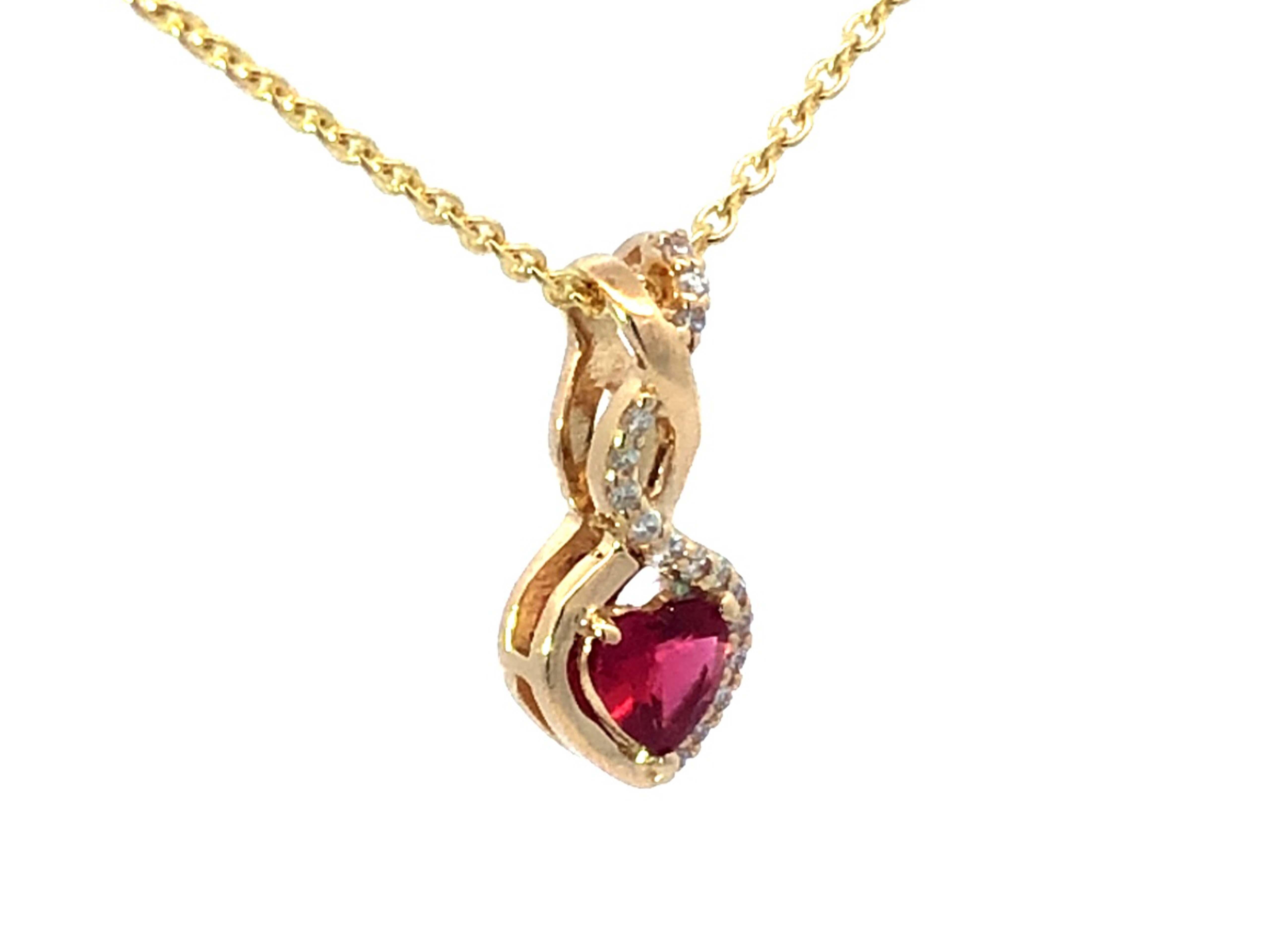 Modern Ruby Heart Diamond Twist Necklace in 14k Yellow Gold For Sale