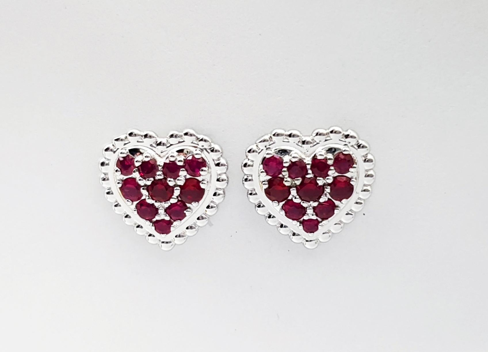 Contemporary Ruby Heart Earrings set in 18K White Gold Settings For Sale
