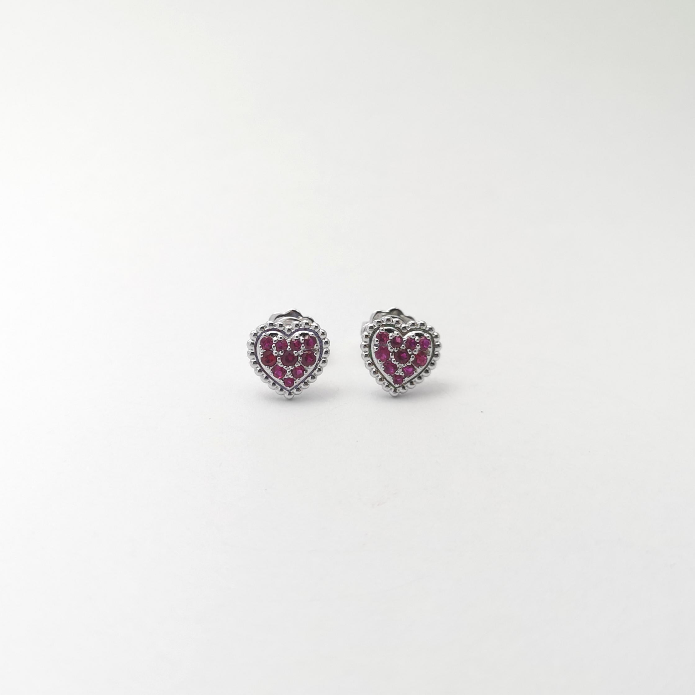Round Cut Ruby Heart Earrings set in 18K White Gold Settings For Sale