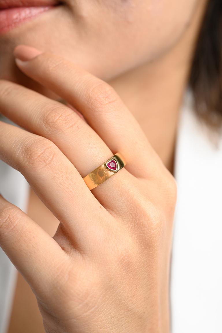 For Sale:  Dainty Heart Cut Ruby Mens Ring in 18k Solid Yellow Gold, Signet Ring for Her 8