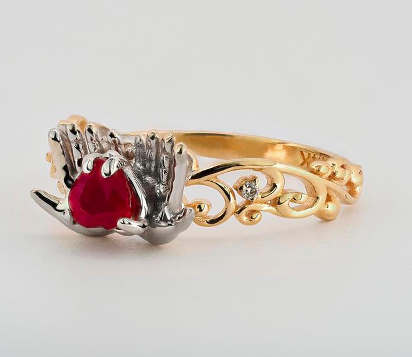 Women's Ruby heart in hands 14k gold ring.  For Sale