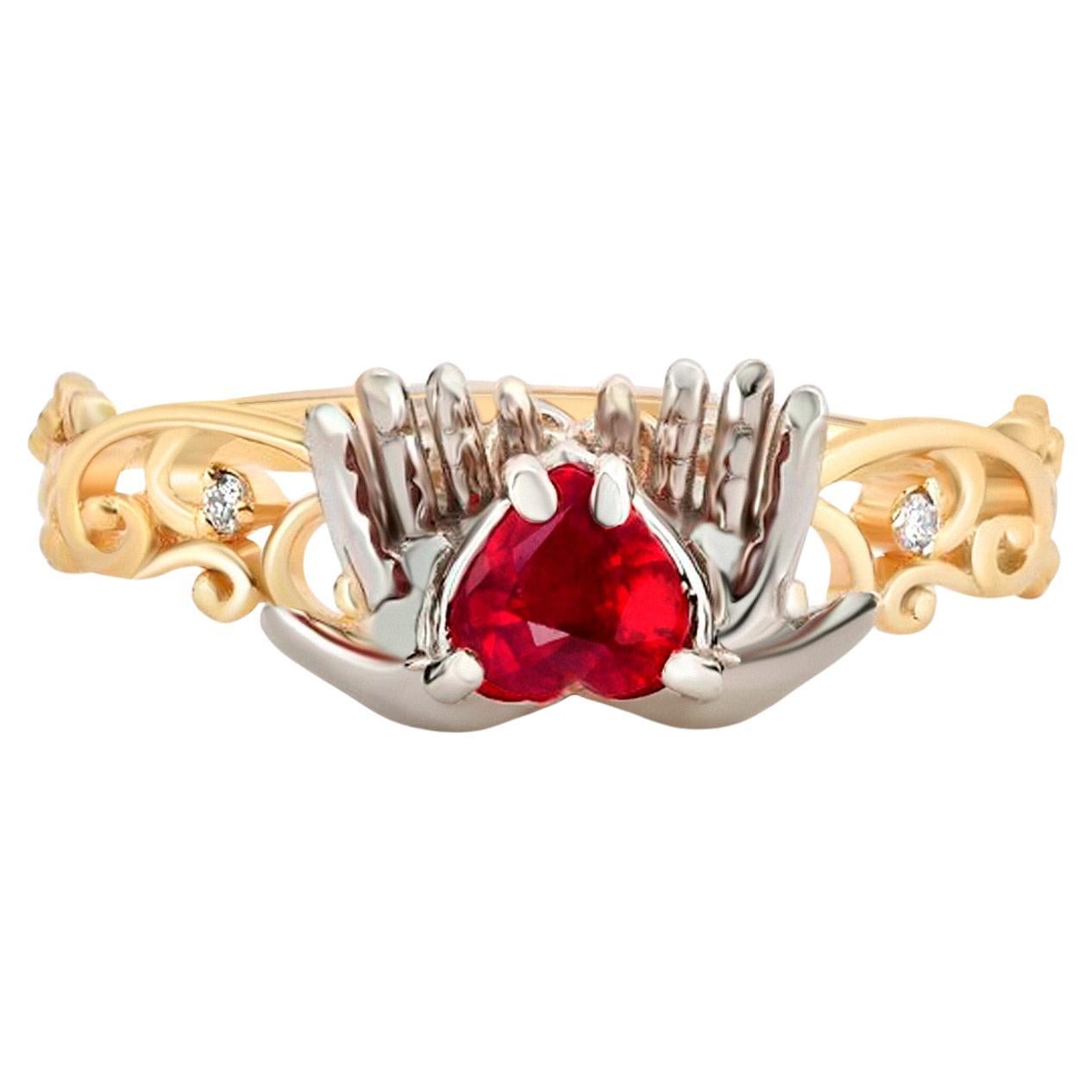 Ruby heart in hands 14k gold ring.  For Sale